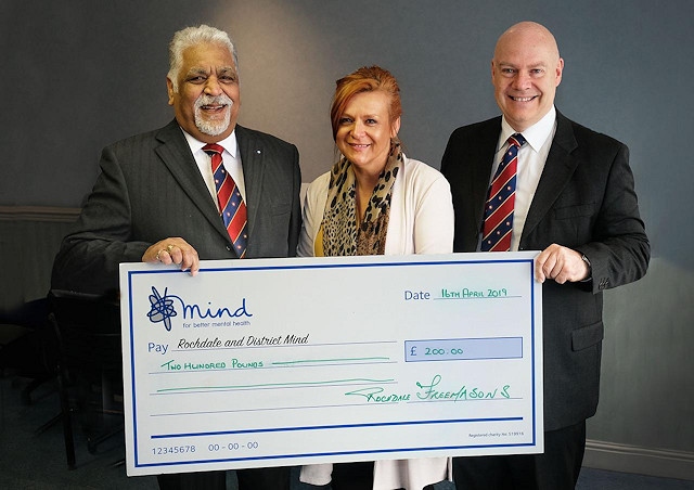 England - Rochdale District Freemasons present cheque to Rochdale and District Mind