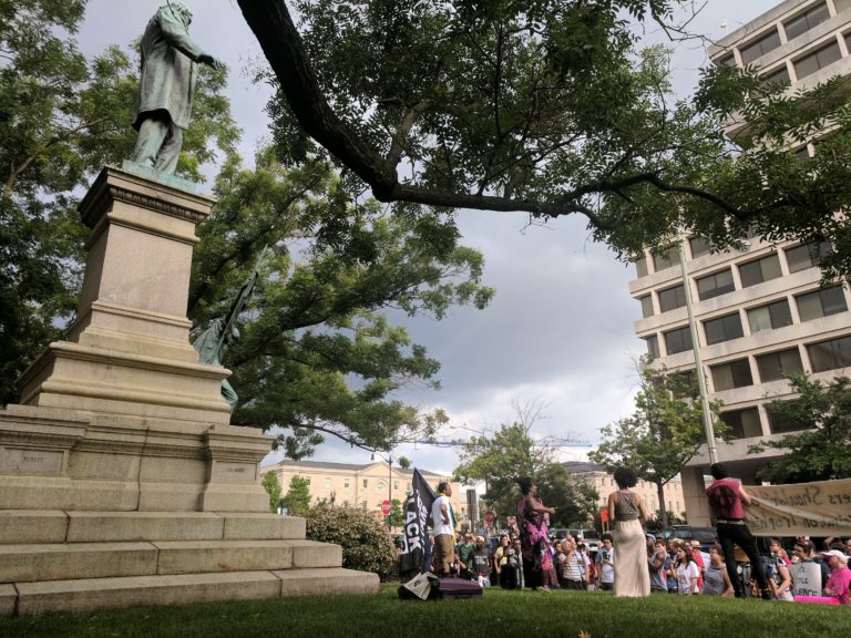 US - Protesters Topple, Burn Statue of Albert Pike